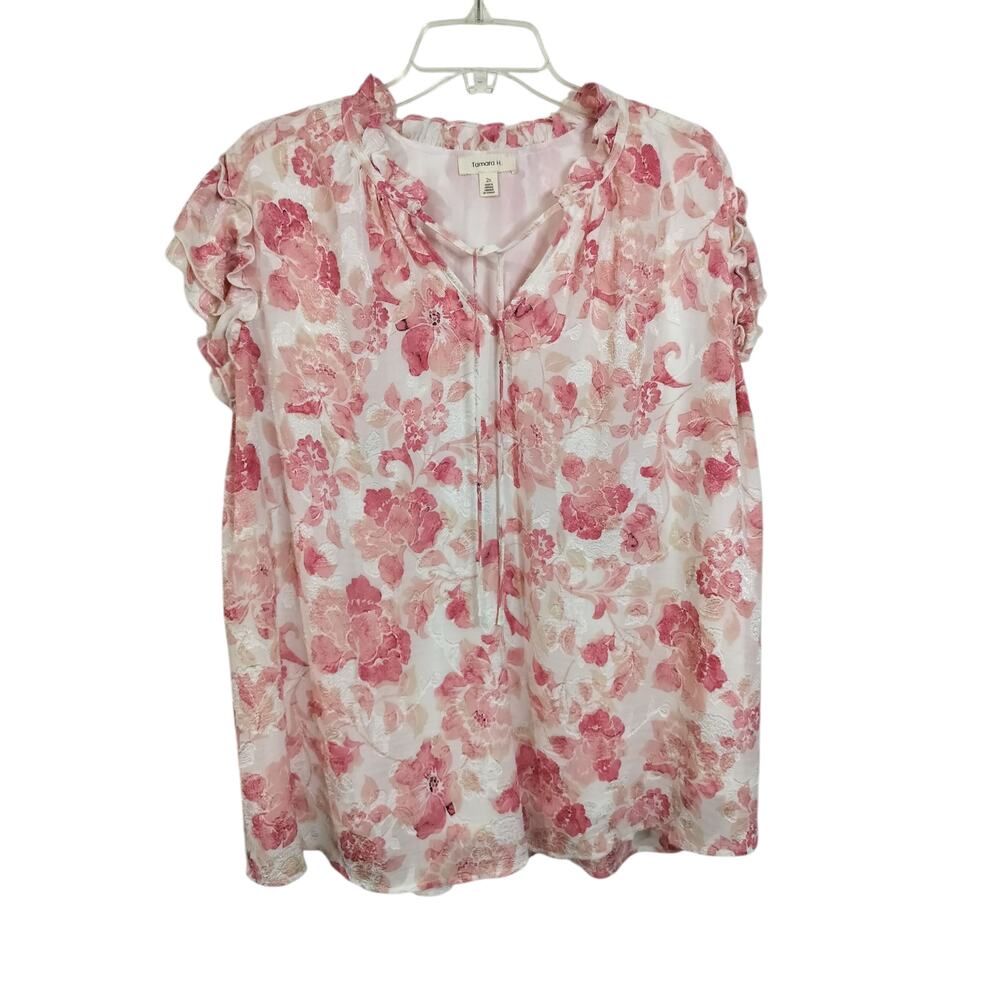 3860)Tamara H Sleeveless Pink White Floral  Split Neck Tie  Chiffon Top Plus 2X